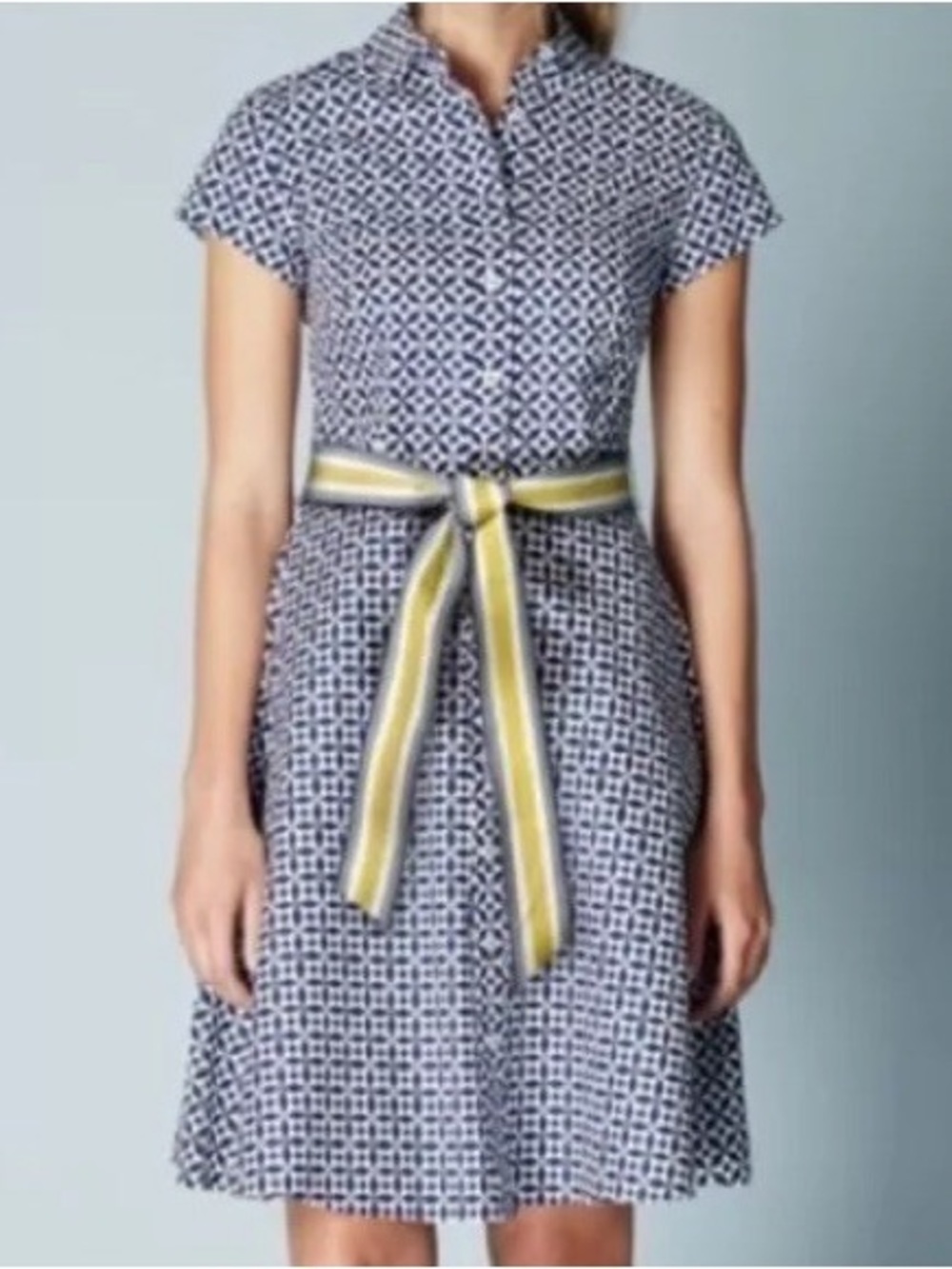 Boden Sophia Blue and White Geometric Shirt Button Up Dress, Size 8L